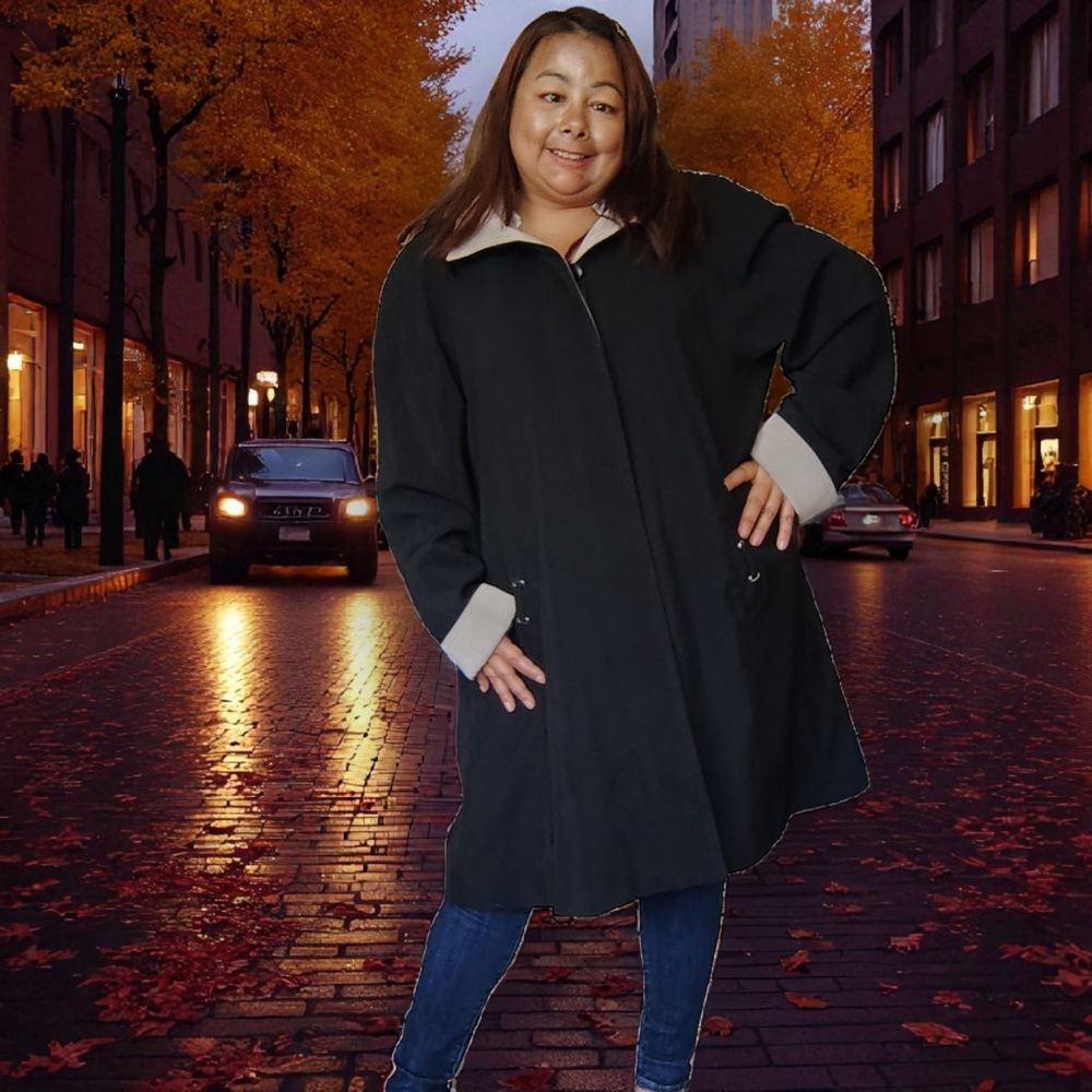CONTEMPORAINE. Women's Black Trenchcoat With Beige Cuffs On Sleeve Size Large. - Picture 13 of 14